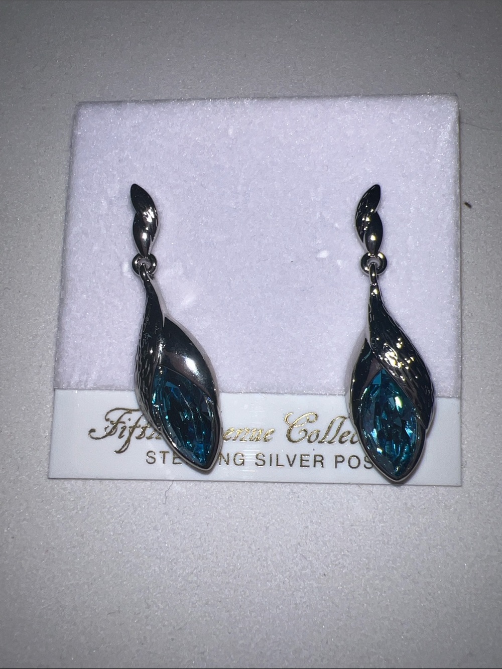 Silver Teardrop Blue Crystal Leaf Drop Earrings